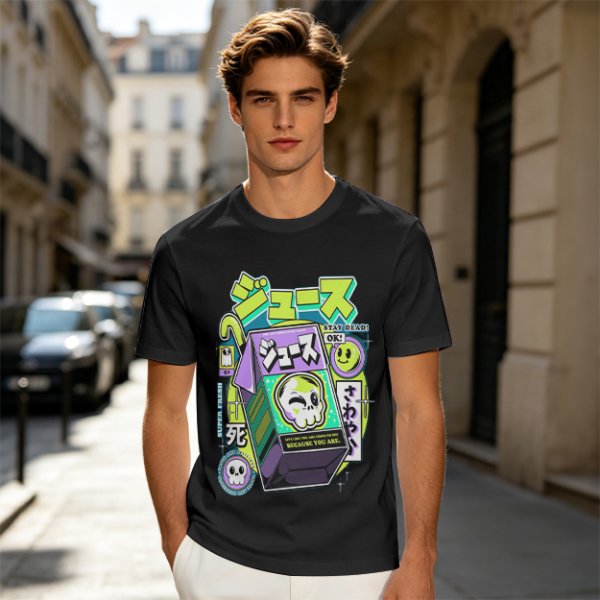 Olive T-shirt with spooky juice box graphic and playful skull art