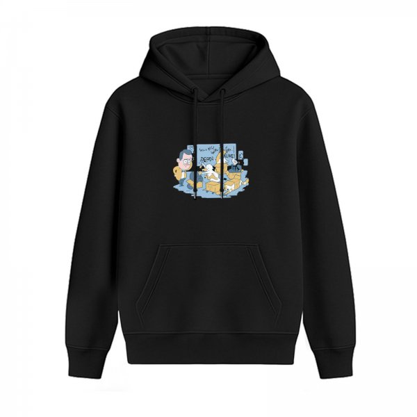 Black hoodie with cartoon office scene graphic print