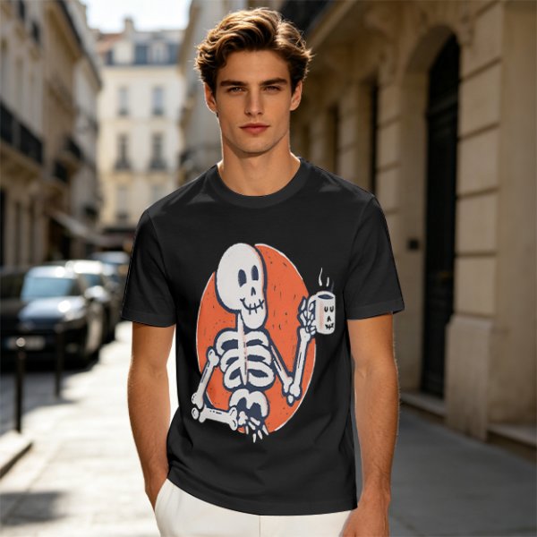 Olive Skeleton Holding Coffee Mug Graphic T-Shirt