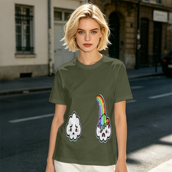 Oversized Olive T-Shirt With Sad Clouds And Rainbow Drip Graphic
