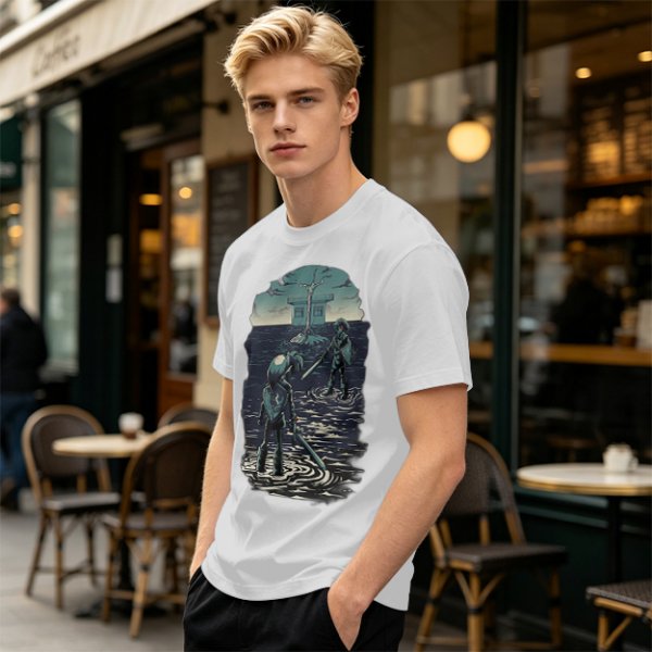 Olive T-shirt with two warriors standing in water holding swords