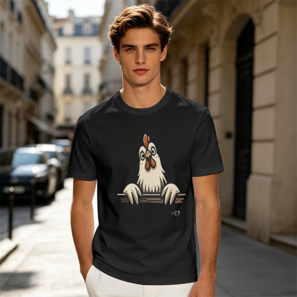 Olive T-Shirt With Surprised Peeking Chicken Graphic And Me? Text