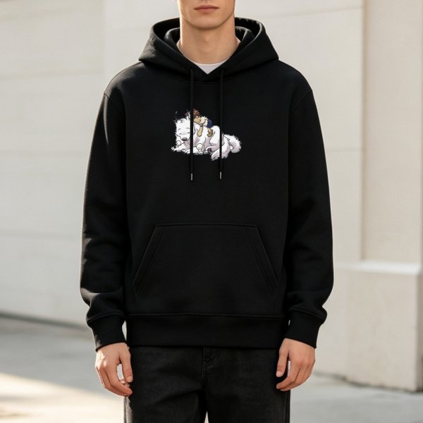 Black hoodie with a cartoon of a child resting on a large fluffy white dog