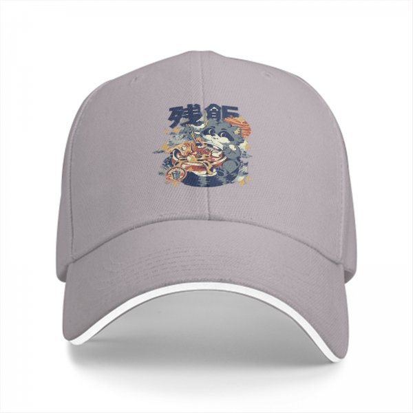 Black Baseball Cap With Ramen Raccoon Graphic Print