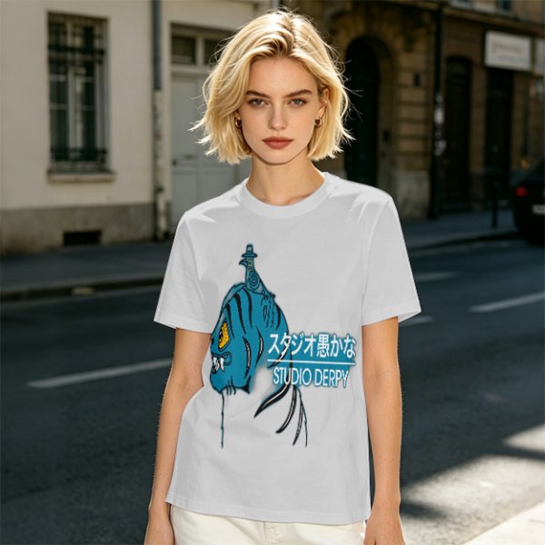Olive Graphic T-Shirt with Blue Tiger and Studio Derpy Text
