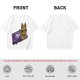 Olive T-shirt with a cartoon cat emerging from a purple chocolate wrapper print