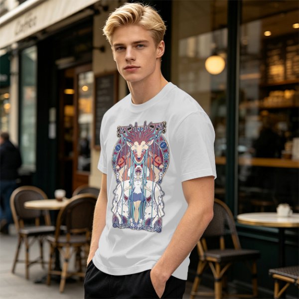Olive green t-shirt with stained glass style forest spirit anime artwork