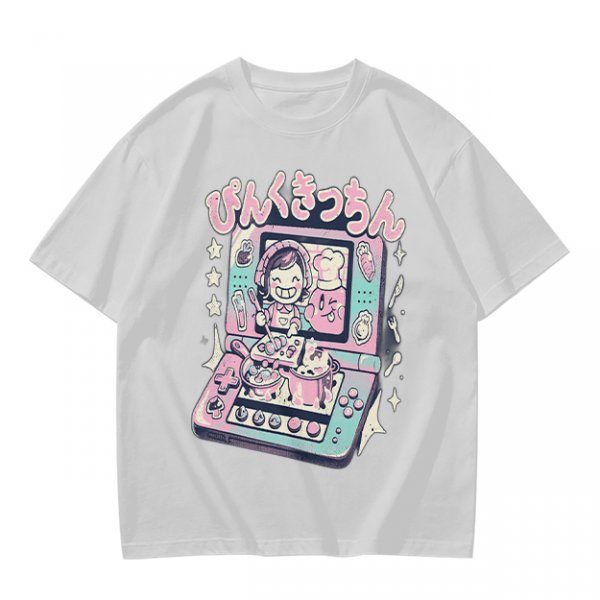 Olive green graphic t-shirt with cute handheld game kitchen art