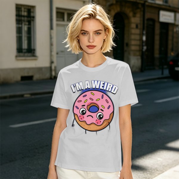 Olive green t-shirt with sad donut graphic and 'I'M A WEIRD' text