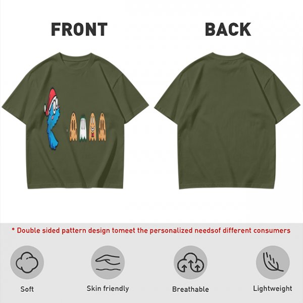 Olive T-Shirt With Blue Monster And Ghost Graphic Print