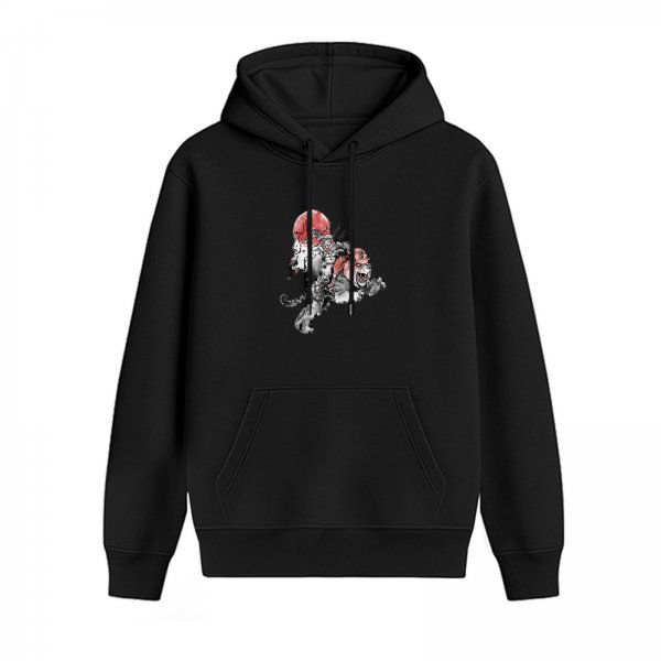 Black hoodie with stylized red and white beast graphic print