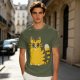 Olive Green T-Shirt With Cute Surprised Yellow Tabby Cat Graphic