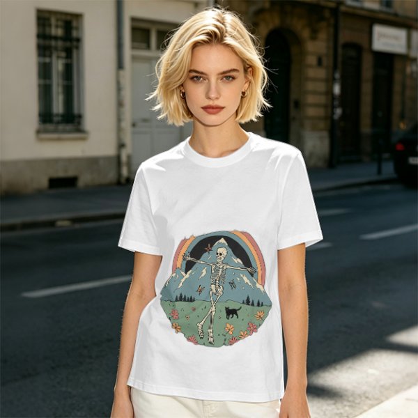Olive T-shirt with Dancing Skeleton Mountain Rainbow Cat Graphic