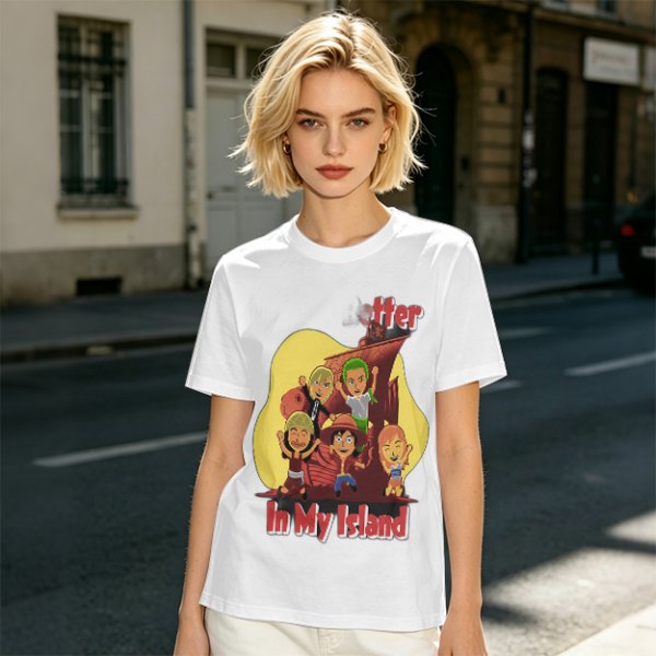 Olive T-Shirt With One Piece Anime Crew 'In My Island' Print