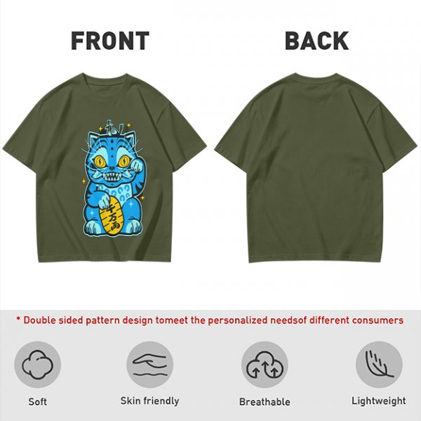 Olive T-Shirt With Blue Maneki-Neko Monster Graphic Print