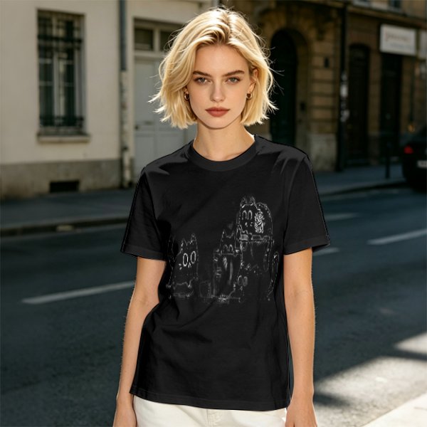 Olive Green T-Shirt With Playful Black Cat Graphic Print