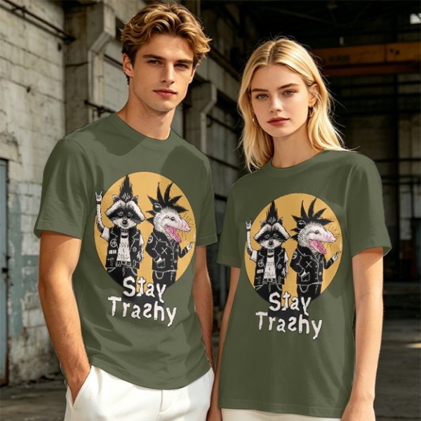 Olive graphic tee with punk raccoon and opossum 'Stay Trashy' print