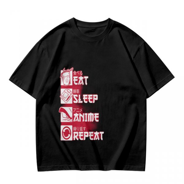 Oversized Olive Anime Themed T-Shirt With Eat Sleep Anime Repeat Print