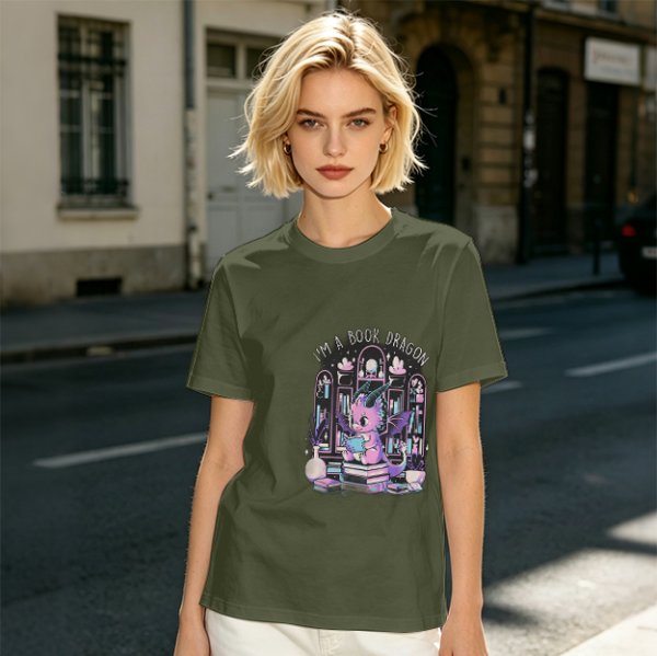 Olive t-shirt with cute book dragon reading design
