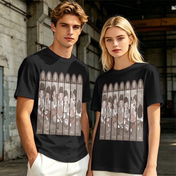 Olive Green T-Shirt with Cartoon Medieval Tavern Scene Print