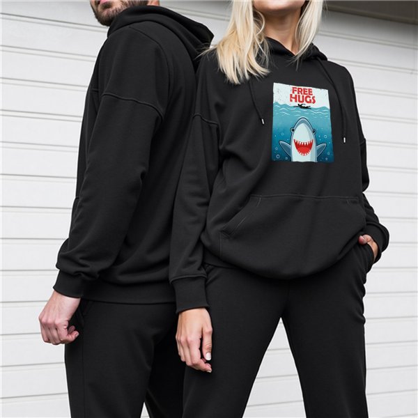 Black Hoodie With Free Hugs Shark Ocean Graphic Print