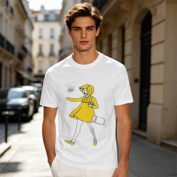 Olive Green T-Shirt With Whimsical Yellow Girl Graphic Print