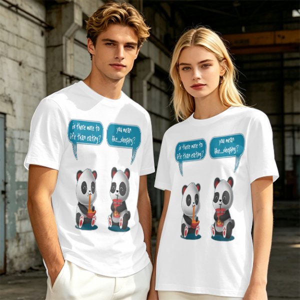 Olive t-shirt with pandas discussing life beyond eating and sleeping