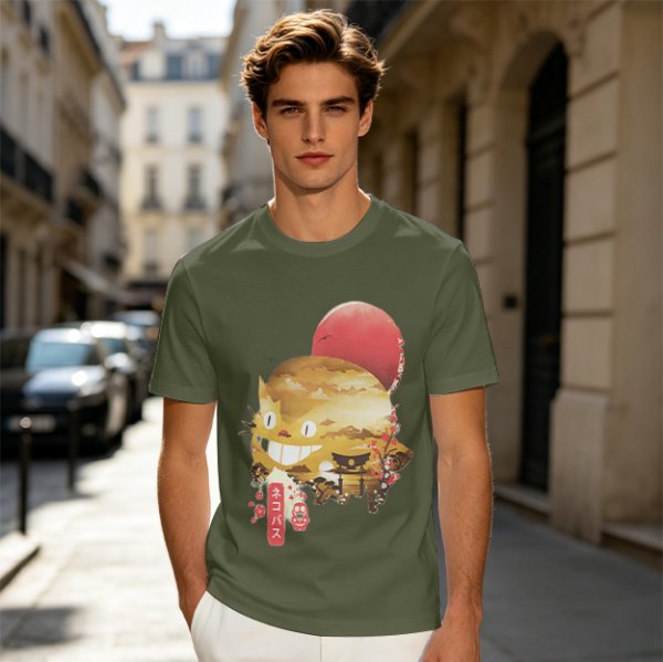 Olive t-shirt with Japanese cat bus and sun graphic