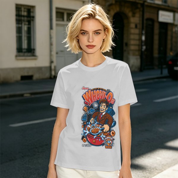 Olive green t-shirt with Doctor Who themed Whovio's cereal graphic