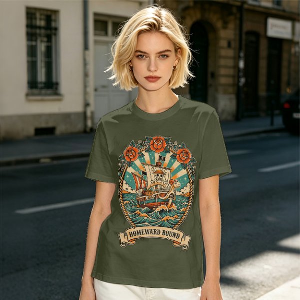 Olive T-shirt with Pirate Ship Homeward Bound Tattoo Style Print