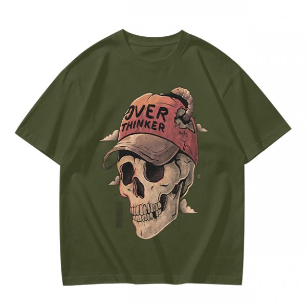 OVER THINKER Skull Graphic Olive T-Shirt