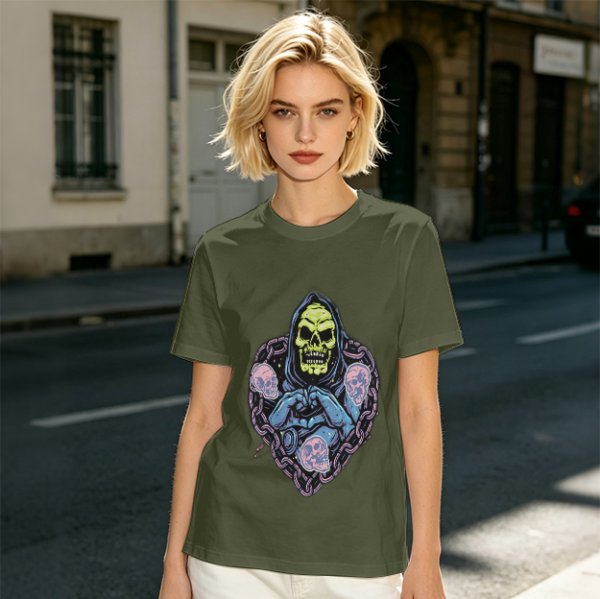 Olive T-Shirt With Grim Reaper Skull And Chain Heart Graphic