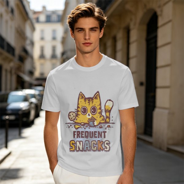 Olive T-Shirt With Cat Eating Snacks Frequent Snacks Print