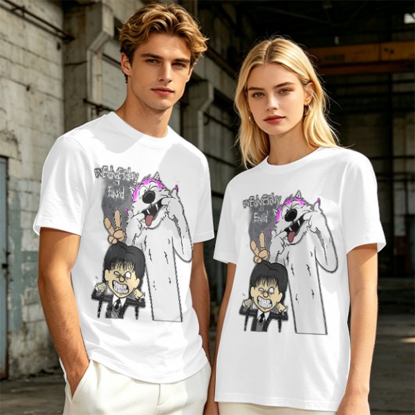 Olive graphic tee with Wednesday and Enid cartoon wolf design