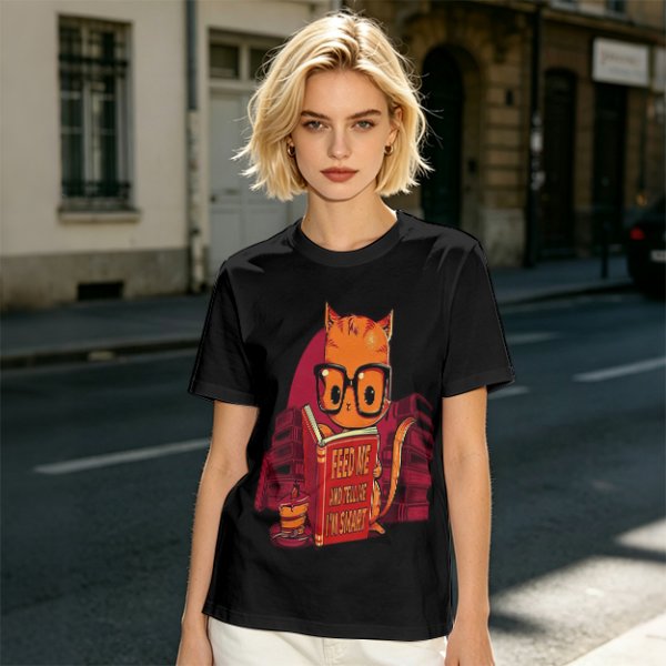Olive T-Shirt With Nerdy Ginger Cat Reading Book Print