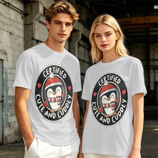 Olive T-Shirt with Cute Penguin 'Certified Cute and Cuddly' Print