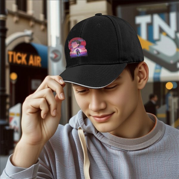 Black baseball cap with anime sunset graphic print