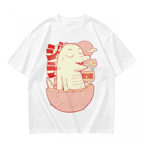 Olive t-shirt with a cartoon dinosaur in a ramen bowl graphic