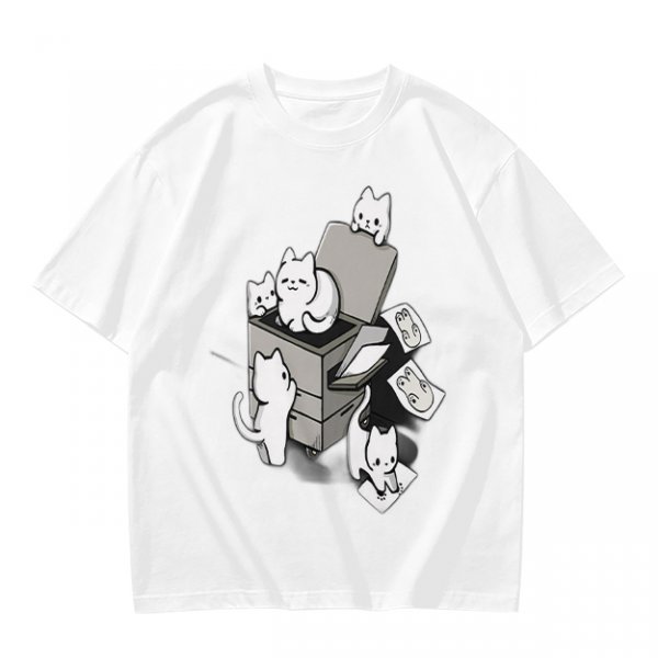 Olive T-Shirt With Playful Cats Emerging From Printer Graphic