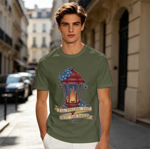 Olive t-shirt with lantern flame graphic and 'I'll follow you into the dark' text