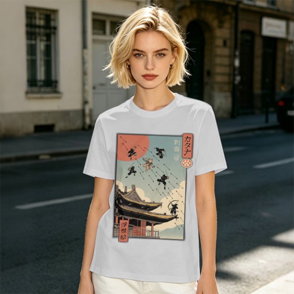 Olive T-Shirt with Ukiyo-e Style Ninja Temple Print
