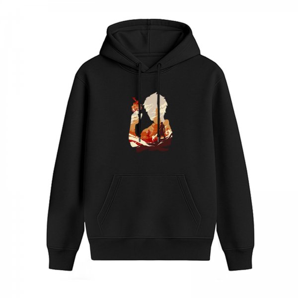 Black hoodie with firebender silhouette graphic design