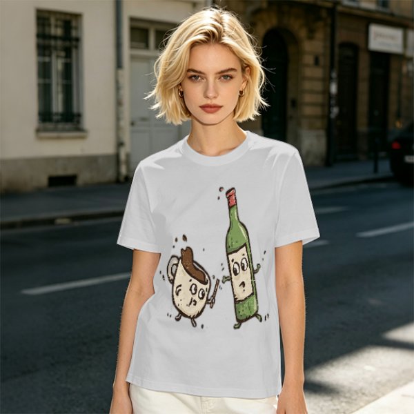 Olive T-Shirt With Cartoon Coffee Mug And Wine Bottle Print