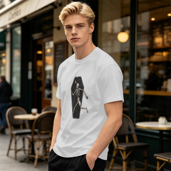 Olive t-shirt with skeleton running from starry coffin graphic