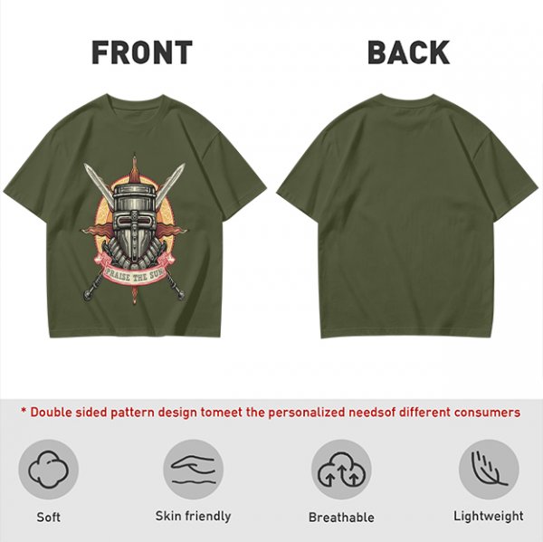 Olive T-Shirt With Praise The Sun Knight Helmet Crossed Swords Artwork