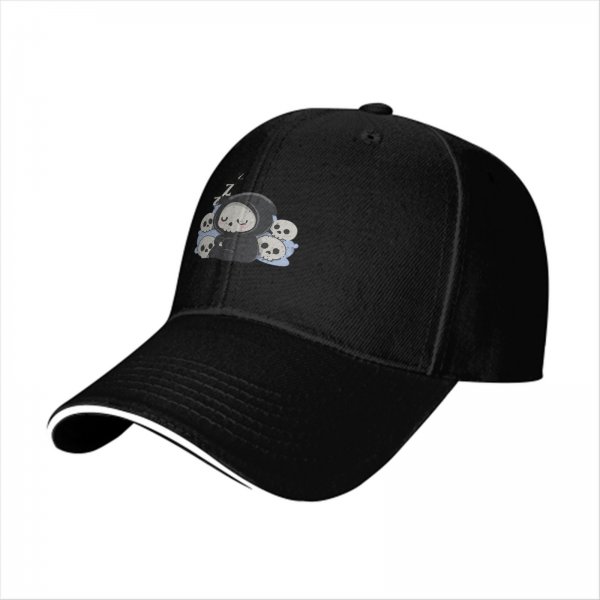 Black baseball cap with cute sleeping grim reaper and skulls graphic