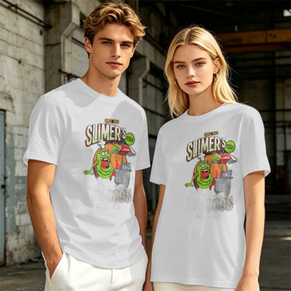 Olive green t-shirt with Slimer's Ghostbusters themed graphic print