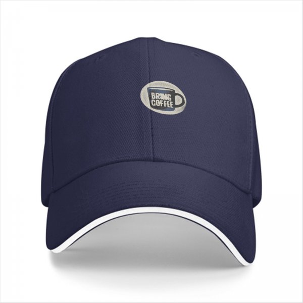 Black baseball cap with Bring Coffee mug graphic design