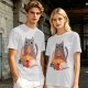 Olive T-Shirt With Cozy Cat Eating Pizza And Gaming Print