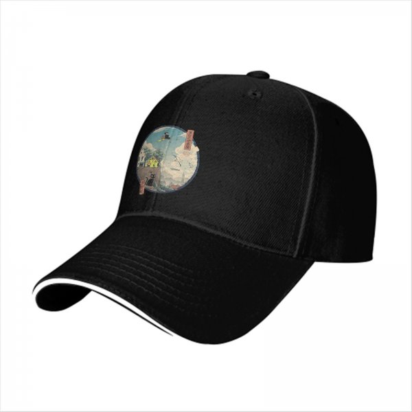 Black baseball cap with witch and black cat fantasy town print